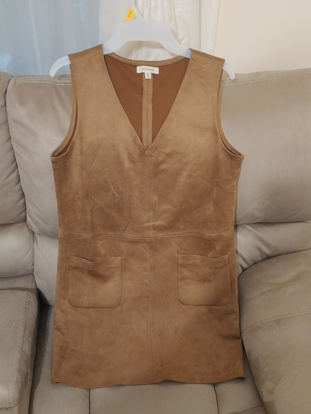 Max Studio Brown Suede V-Neck Sleeveless Shift Dress